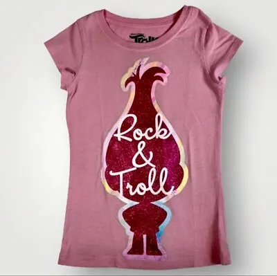 Buy Trolls DreamWorks T-shirt “Rock & Troll” Short Sleeve Pink Graphic Size M (7-8)! • 3.98£