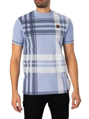 Buy Trojan Records Mens Cotton Short Sleeve Check T Shirt Smart Top Casuals Sky Blue • 39.99£