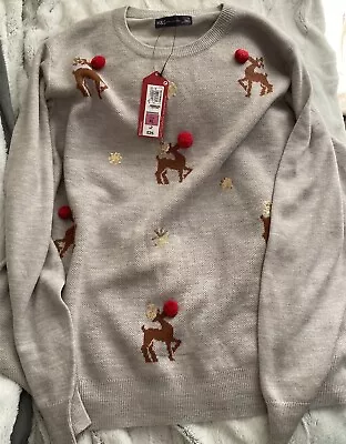 Buy M&S Christmas Reindeer Grey, Red And Gold Jumper. XL • 10£