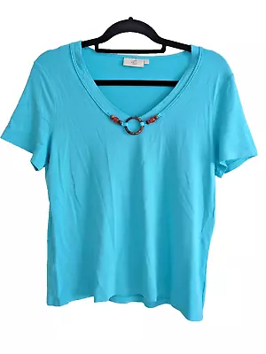 Buy Country Casuals Turquoise V-neck T-shirt With Bead Detailing. Size L • 10.99£