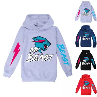 Buy UK Kids Boys Girl Mr Beast Lightnings Cat Hoodie Sweatshirt Jumper Tops Pullover • 13.32£
