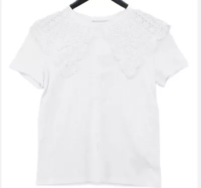 Buy Zara Sz M White T-Shirt Top With Crochet Peter Pan Collar • 4.50£