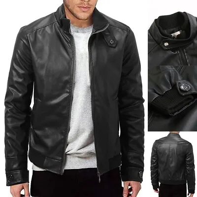 Buy Trendy Vintage PU Leather Biker Slim Fit Jacket Warm Stand Collar Coat For Men • 29.48£