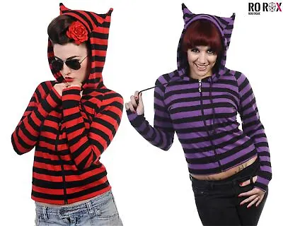 Buy Banned Hoodie Cat Ears Striped Pattern Zip Gothic Emo Grunge Cute • 28.80£