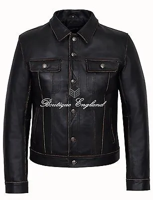Buy Men's  TRUCKER  Black Rub Off CowHide Casual Denim Style LEATHER Jacket 1280 • 119.74£