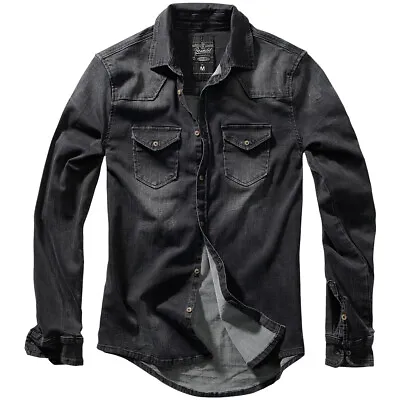Buy Brandit Riley Denim Shirt Mens Cotton Long Sleeve Casual Chest Pocket Black • 47.95£