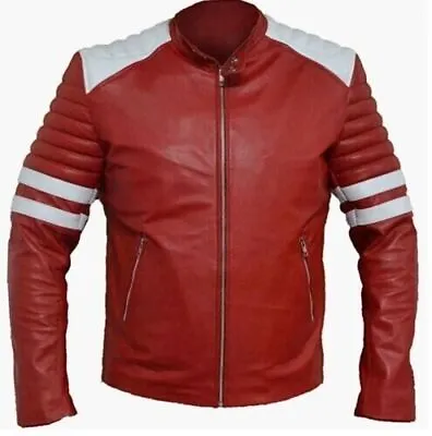 Buy Men's Fight Club Retro Brad Pitt Mayhem Tyler Red Leather Jacket White Stripe UK • 24£