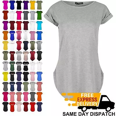 Buy Womens Curved Hem Jersey Plain Top Ladies Round Neck Turn Up Cap Sleeve T Shirt • 6.99£