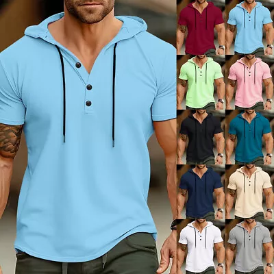 Buy Mens Hooded T Shirt Short Sleeve Button Neck Sport Casual Hoodie Tops Size 38-46 • 11.89£