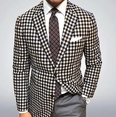 Buy Mens Youth Fashion Checked Lapel Two Buttons Casual Suits Top Blazer Jacket SKGB • 35.99£