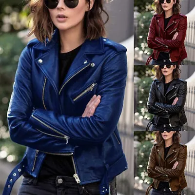 Buy Women Punk Faux Leather Coat Jacket Long Sleeve Zipper Lapel Outwear Top Fashion • 31.32£