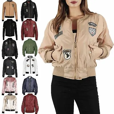 Buy Womens Ladies MA1 Classic Padded Airforce Zip Up Army Badges Biker Bomber Jacket • 6.90£