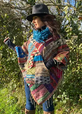 Buy UNIQUE Handmade Poncho Patchwork Warm Winter Wrap Cape Shawl Hoodie Jacket Gift • 45.99£