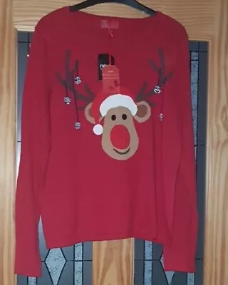 Buy Next Red Sparkly Rudolph Soft Christmas Jumper Uk 12 Eur 40 New With Tag • 24.99£