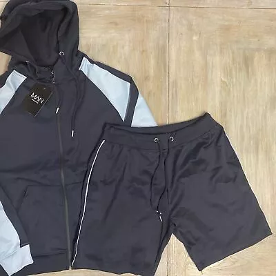 Buy Mens Tracksuit Set Medium Poly Sports Suit Zip Hoodie & Shorts RRP £60 Boohoo • 24.99£