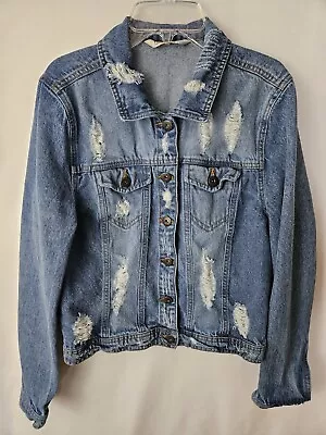 Buy Highway Jeans Women's Distressed Large Denim Jacket Long Sleeve Button Pockets • 9.03£
