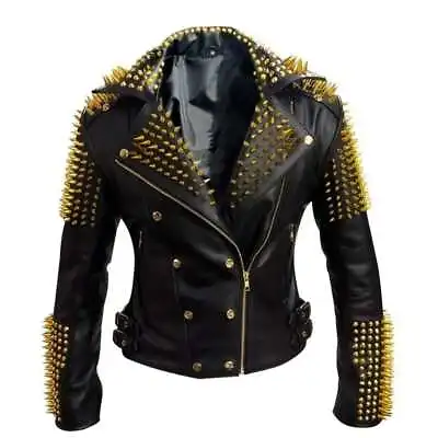 Buy Black Heavy Metal Gold Studs Motorbike Leather Jacket Women WSD03 • 262.54£