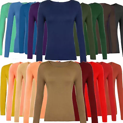 Buy Ladies Long Sleeve Stretch Plain Round Scoop Neck T Shirt Top Assorted • 4.49£