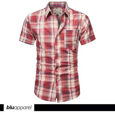 Buy Men's Short Sleeve Checked Cotton Shirt Branded Red Blue Green S M L XL XXL • 16.99£