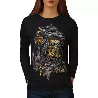 Buy Wellcoda Wolf Metal Death Skull Womens Long Sleeve T-shirt, Skull Casual Design • 18.99£