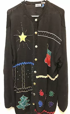Buy Lucia  Christmas Sweater Button Up  Cardigan Size XL Black Tacky Ugly Appliqué • 12.05£