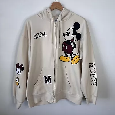 Buy Disney Mickey Mouse Womens Zip Up Hoodie Plus Size XXL Ivory Character Patches • 17.22£