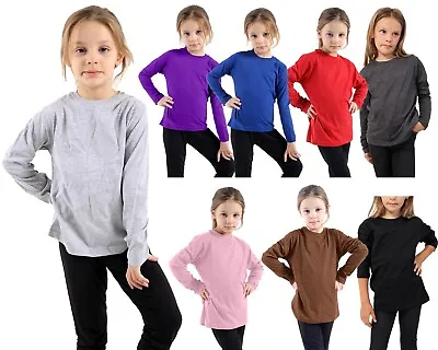 Buy Kids Plain Long Sleeves Crew Neck T Shirts Girls Boys Casual Tops UK Size • 4.49£