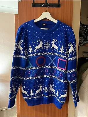Buy Numskull Playstation Print Blue Knitted Mens Unisex Christmas Jumper Size Medium • 14.99£