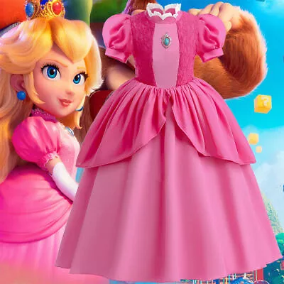 Buy Girls Princess Peach Super Mario Cosplay Costume Dress Party Child Xmas Clothes • 26.09£