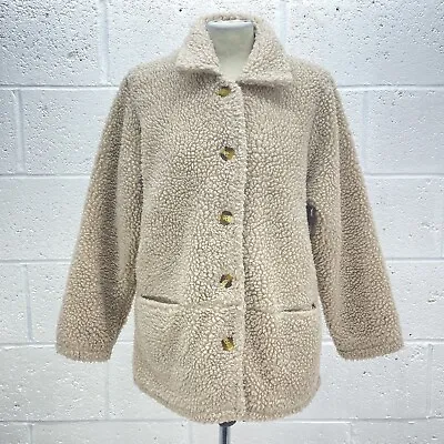 Buy Damart Cream Borg Jacket Coat Wooly Oversized Collar Button Vintage Uk M • 15.99£
