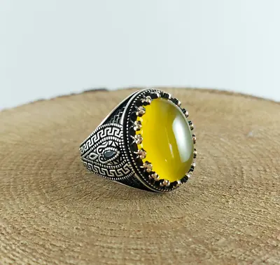 Buy 925 Sterling Silver Handmade Men's Ring With Oval Shape Yellow Agate Stone • 60.72£
