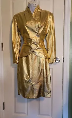 Buy VTG Lillie Rubin Exclusive Gold Leather Skirt & Top XS SET 80's Glam Rock Bling • 221.64£
