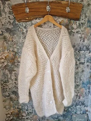 Buy Beautiful Womens Cream Sheer Vintage 90s Soft Button Up Hand Knitted Cardigan L • 25.99£