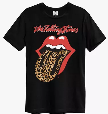 Buy Amplified ROLLING STONES Leopard Print Tongue T-Shirt Unisex Black Cotton : S, M • 6.95£