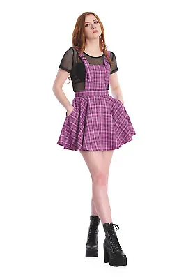 Buy Women's Lilac Check Gothic Punk Don't Settle Pinafore Dress Skirt BANNED Apparel • 34.99£