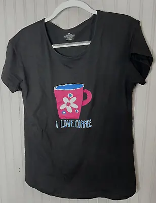 Buy I LOVE COFFEE Womens TSHIRT M Black Pink Floral Coffee CUP Cotton NEW • 7.71£