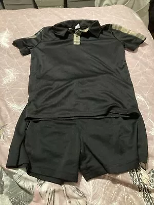 Buy Size 9-10 Years Black & Beige Checked Polo Top & Black Shorts Set • 1.99£