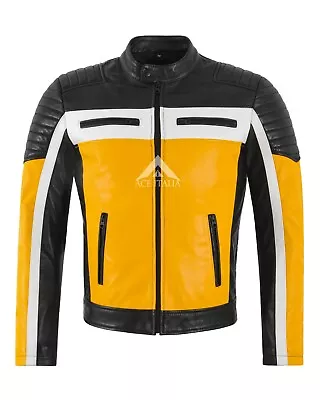 Buy Cafe Racer Men's Biker Leather Jacket Black Yellow Retro Style Motocross Jacket • 129.99£