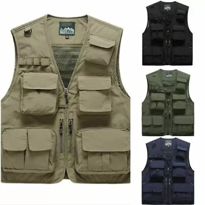 Buy Men Sleeveless Multi-Pocket Waistcoat Safari Gilet Jacket Hiking Fishing Vest UK • 17.88£