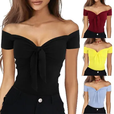 Buy Womens Summer Off Shoulder Sexy Low Cut Tops Holiday T Shirts Blouse Tee Size UK • 8.99£