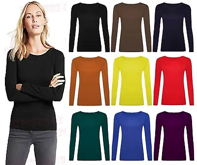 Buy Womens Long Sleeve Round Neck Plain Basic Top Ladies Stretch T-Shirt Top UK 8-26 • 7.99£