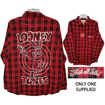 Buy Cakeworthy X Looney Toons Flannel Plaid Shirt Red Bugs Bunny Back Print Vintage • 49.99£