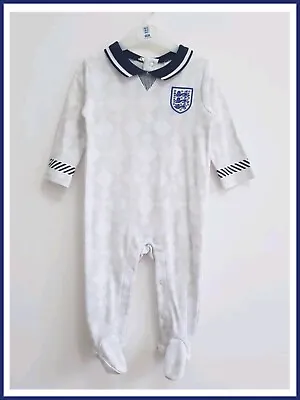 Buy Babies Official England Merch Sleepsuit White Cotton Football Babygrow 3-6m NEW • 12.99£