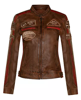 Buy Womens Tan Brown Leather Biker Jacket Retro Casual Zipped Racing Moto Badges • 109.99£