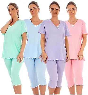 Buy Ladies Capri Pyjama Set Short Polka Dot Lettuce Hem V-Neck Cropped Cotton PJs • 10.99£