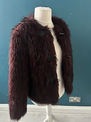 Buy Internacionale Faux Fur Short Jacket Burgundy Shaggy Size 12 Mob Wife Toggle Tie • 19.99£