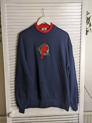 Buy Vintage Top Stitch Embroidered Red Cardinal Blue Sweatshirt Double Collar Sz XL • 19.99£
