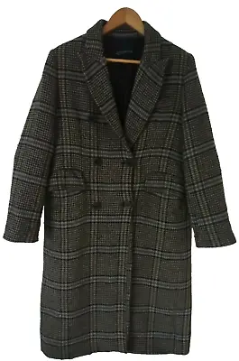 Buy Zara Long Wool Tailored Coat Womens Size EU Large Check Jacket Grey Taupe Brown  • 49£