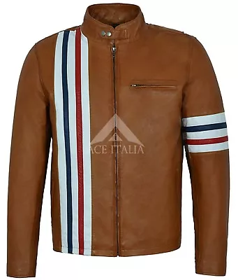 Buy Men's Leather Jacket TAN AMERICA Stripes Motorcycle Biker Style 'EASY RIDER' • 115.30£