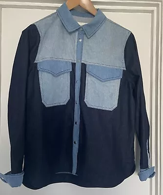 Buy Second Female Patchwork Blue Denim Shirt Jacket Size XL Snap Fasten Pockets • 50£